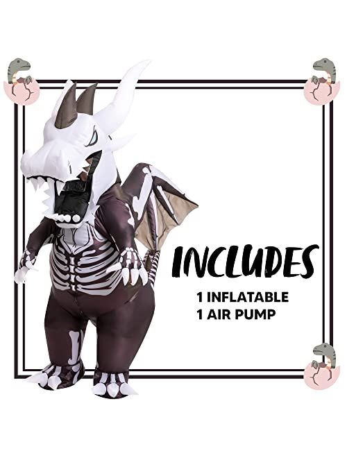 Spooktacular Creations Inflatable Costume for Kids, Dragon Skeleton Air Blow Up Costume, Full Body Costume with 3D Horns Wings for Halloween Costume Parties