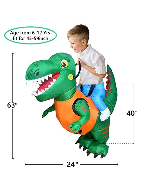 Lumiparty Halloween Inflatable Dinosaur Costume for Kids Green Riding T Rex Air Blow up Costume Funny Fancy Dress Party Halloween Costume for Boys Girls