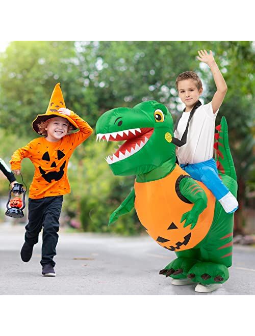 Lumiparty Halloween Inflatable Dinosaur Costume for Kids Green Riding T Rex Air Blow up Costume Funny Fancy Dress Party Halloween Costume for Boys Girls