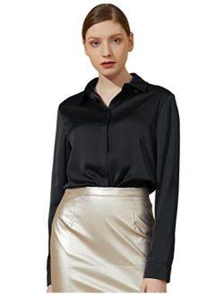 Escalier Women's Silk Blouse Long Sleeve Satin Button Down Shirt Casual Work Office Silky Blouse Top