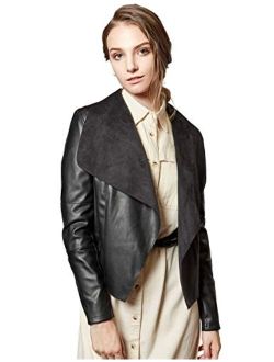Escalier Women's Faux Leather Jackets Slim Open Front Lapel Blazer Jackets