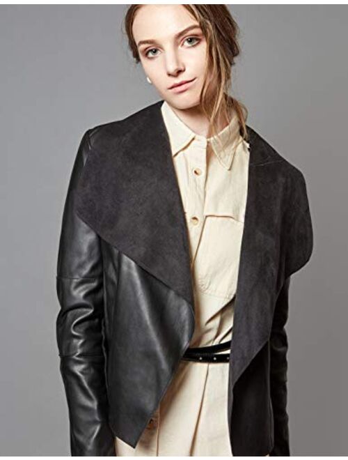 Escalier Women's Faux Leather Jackets Slim Open Front Lapel Blazer Jackets