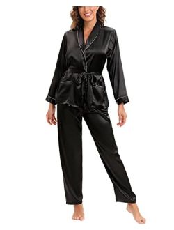 Escalier Womens Silk Satin Pajamas Set Long Sleeve Sleepwear V-Neck Pj Set 2 Pcs Nightwear Loungewear