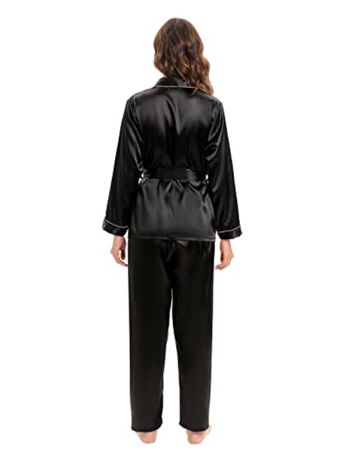 Escalier Womens Silk Satin Pajamas Set Long Sleeve Sleepwear V-Neck Pj Set 2 Pcs Nightwear Loungewear