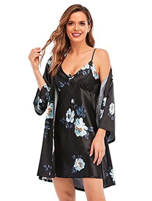 Escalier Women's Silk Satin Pajamas Sets 2Pcs Floral Silky Pj Robe Set with Chemise Nightgown