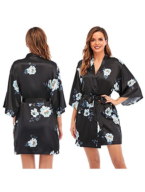 Escalier Women's Silk Satin Pajamas Sets 2Pcs Floral Silky Pj Robe Set with Chemise Nightgown