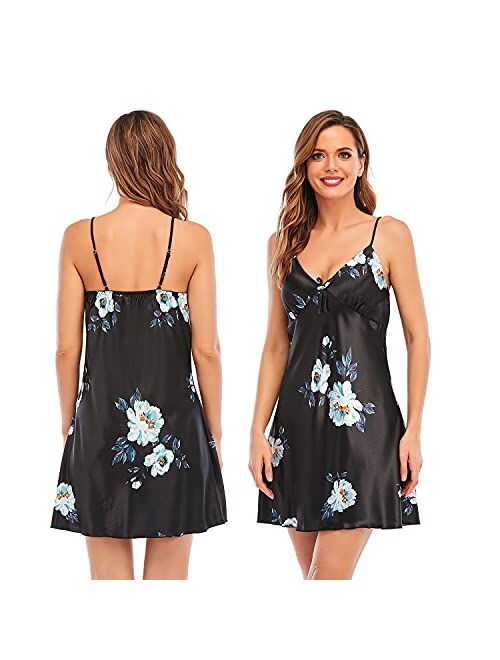 Escalier Women's Silk Satin Pajamas Sets 2Pcs Floral Silky Pj Robe Set with Chemise Nightgown