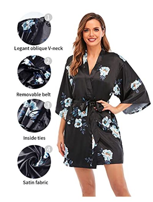 Escalier Women's Silk Satin Pajamas Sets 2Pcs Floral Silky Pj Robe Set with Chemise Nightgown