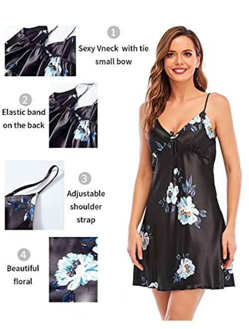 Escalier Women's Silk Satin Pajamas Sets 2Pcs Floral Silky Pj Robe Set with Chemise Nightgown