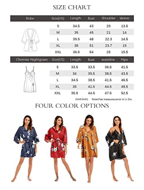 Escalier Women's Silk Satin Pajamas Sets 2Pcs Floral Silky Pj Robe Set with Chemise Nightgown