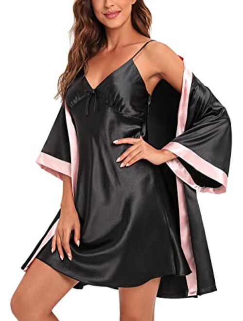 Anna&Chris Escalier Women's Satin Pajamas Set Silky Robe with Sexy Slip Nightgown 2Pcs Sleepwear Silk Pjs