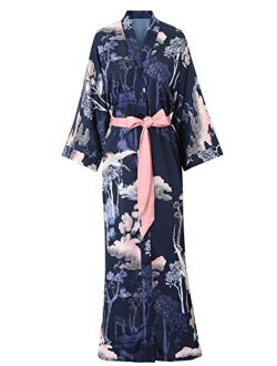 Escalier Women's Kimono Robe Long - Floral Printed Silk Bathrobe Lightweight Nightgown Charmeuse