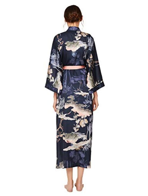 Escalier Women's Kimono Robe Long - Floral Printed Silk Bathrobe Lightweight Nightgown Charmeuse