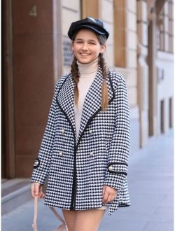 Teen Girls Houndstooth Print Contrast Binding Overcoat