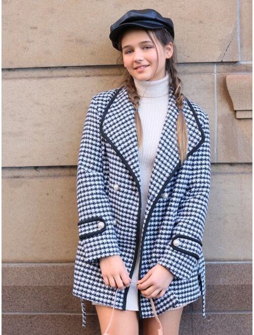 SHEIN Teen Girls Houndstooth Print Contrast Binding Overcoat