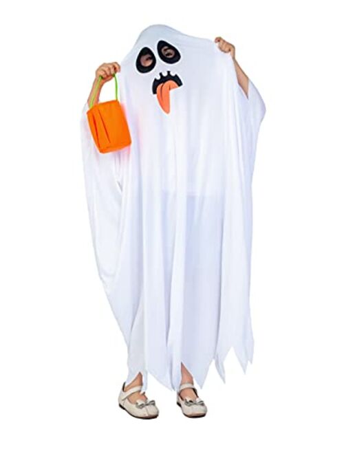 #Na White Boo Ghost Robes Costume for Child Halloween Spooky Trick-or-Treating with Pumpkin Bag