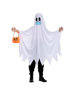 Unisex Child Ghost Costume with Mask and Pumpkin Bucket for Fancy Dress Cosplay Parties