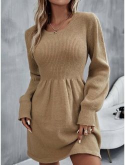 Ribbed Knit Lantern Sleeve Sweater Dress
