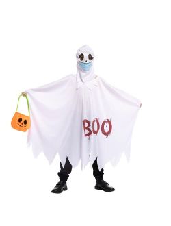 Child Unisex Ghost Costume, Halloween Spooky Cloak Cape with 3 Exchangeable horror masks for Kids