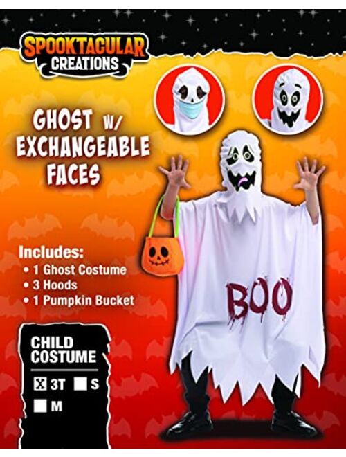 Spooktacular Creations Child Unisex Ghost Costume, Halloween Spooky Cloak Cape with 3 Exchangeable horror masks for Kids