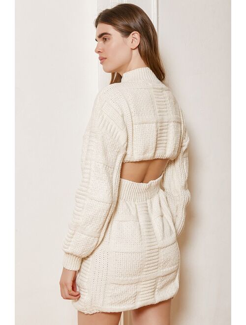 Lulus Patchwork It Cream Cable Knit Cutout Sweater Dress