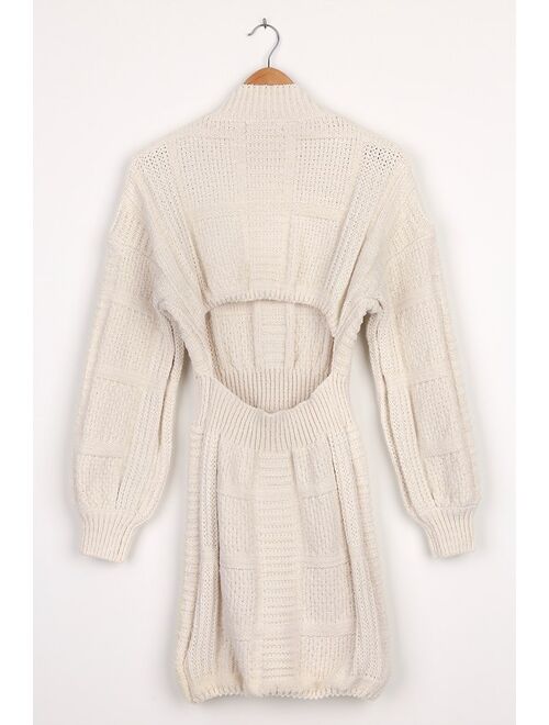 Lulus Patchwork It Cream Cable Knit Cutout Sweater Dress