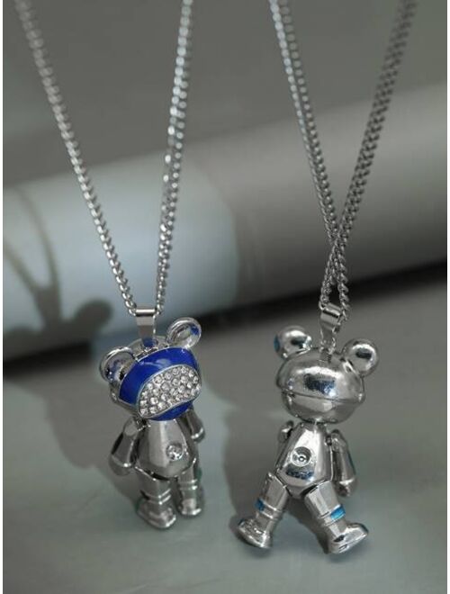 Shein 2pcs Men Rhinestone Decor Bear Pendant Necklace