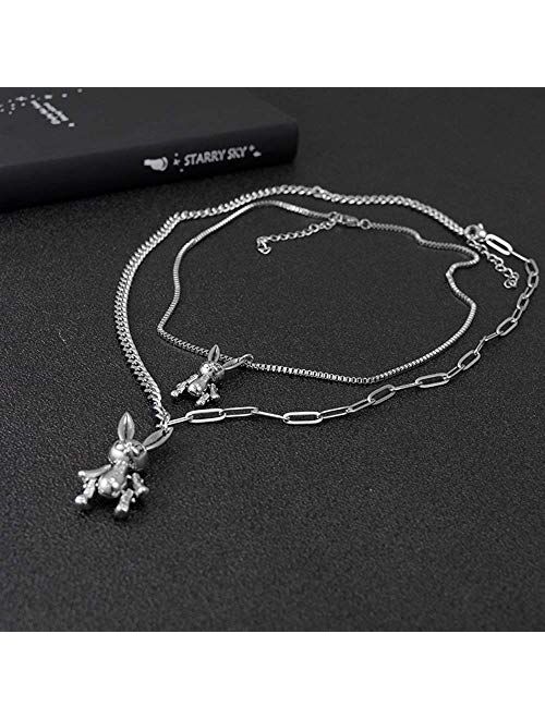 Dxznbest Heavy Gothic Grunge Rabbit Pendant Necklace Hip Hop Statement Long Chain Punk Multilayer Stainless Steel Material Choker Goth Necklace Jewelry for Women and Men 