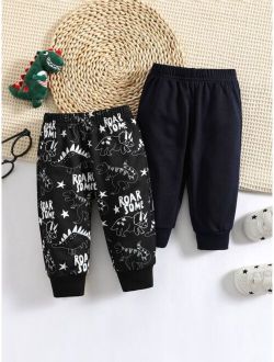 Baby 2pcs Letter Dinosaur Print Sweatpants