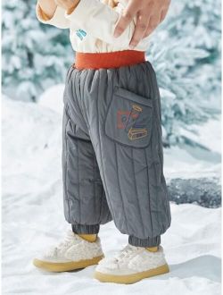 Toddler Boys Cartoon Graphic Patched Pocket Puffer Pants