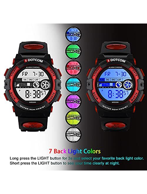 Ckv Kids Digital Watch Outdoor Sports 50M Waterproof Watches, 7-Color LED Electronic Quartz Kids Watches with Silicone Band, Alarm Stopwatch Calendar Wrist Watch for Boys
