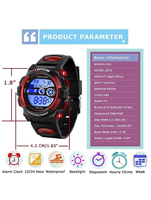 Ckv Kids Digital Watch Outdoor Sports 50M Waterproof Watches, 7-Color LED Electronic Quartz Kids Watches with Silicone Band, Alarm Stopwatch Calendar Wrist Watch for Boys