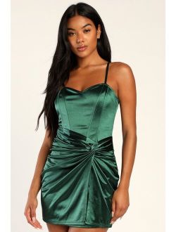 Best Night Out Emerald Green Satin Twist-Front Mini Dress