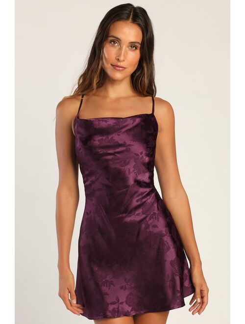 Lulus Close to Your Heart Plum Purple Satin Jacquard Cowl Slip Dress