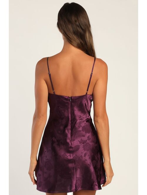 Lulus Close to Your Heart Plum Purple Satin Jacquard Cowl Slip Dress