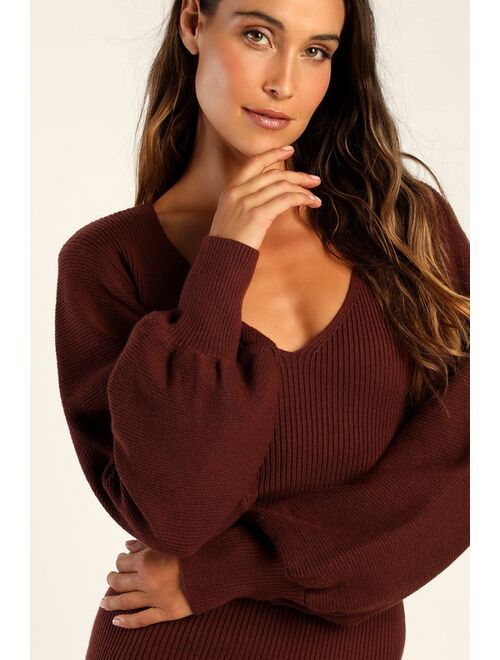 Lulus Autumn Darling Chocolate Brown Balloon Sleeve Midi Sweater Dress