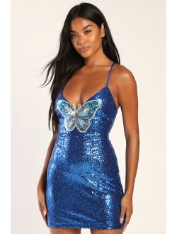 Hearts Flutter Blue Sequin Lace-Up Butterfly Applique Mini Dress