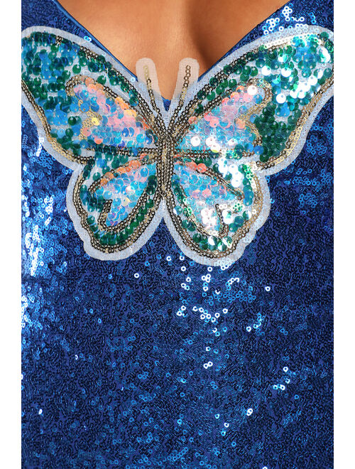 Lulus Hearts Flutter Blue Sequin Lace-Up Butterfly Applique Mini Dress
