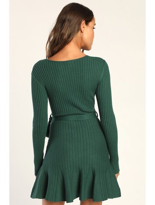 Lulus Warm Emotions Emerald Green Skater Mini Sweater Dress