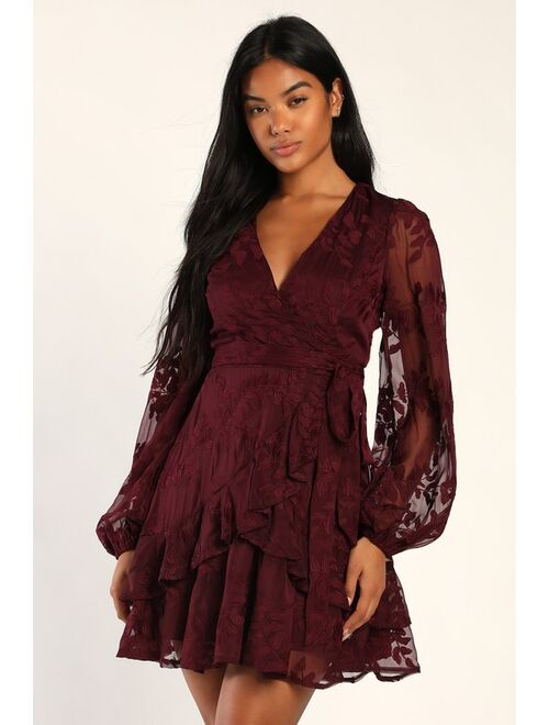 Lulus Inclined to Romance Burgundy Floral Embroidered Mini Dress