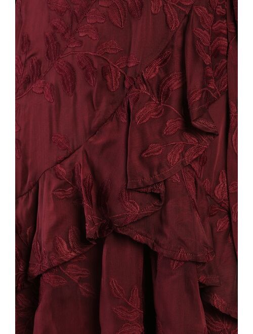 Lulus Inclined to Romance Burgundy Floral Embroidered Mini Dress