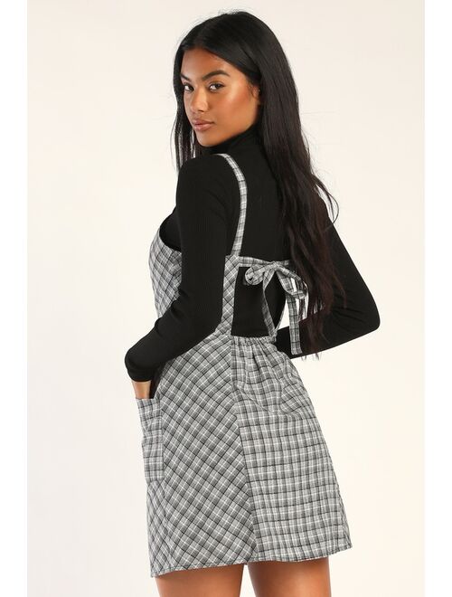 Lulus Right in Line Black and White Plaid Tie-Back Dress With Pockets