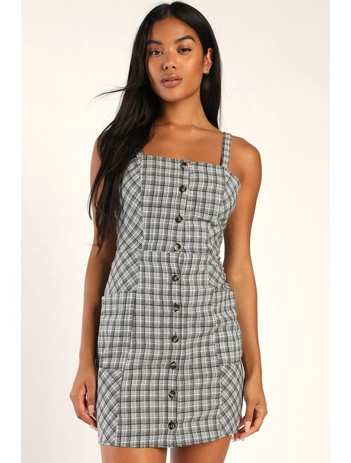 Lulus Right in Line Black and White Plaid Tie-Back Dress With Pockets