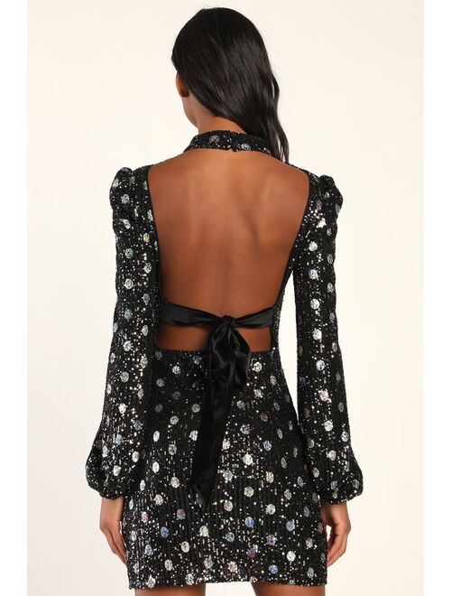 Lulus Spotlight Sparkler Black Sequin Polka Dot Backless Mini Dress