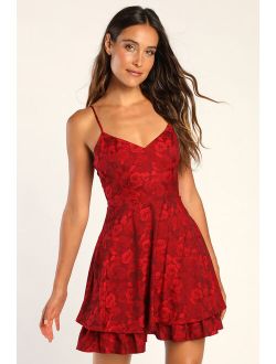 Especially Sweet Red Satin Jacquard Sleeveless Mini Skater Dress