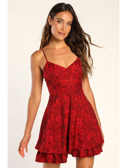 Lulus Especially Sweet Red Satin Jacquard Sleeveless Mini Skater Dress