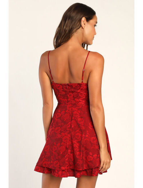 Lulus Especially Sweet Red Satin Jacquard Sleeveless Mini Skater Dress