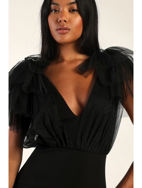 Lulus Fabulous Fun Black Tulle Flutter Sleeve Mermaid Maxi Dress