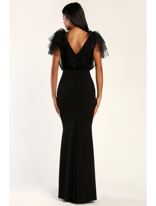 Lulus Fabulous Fun Black Tulle Flutter Sleeve Mermaid Maxi Dress