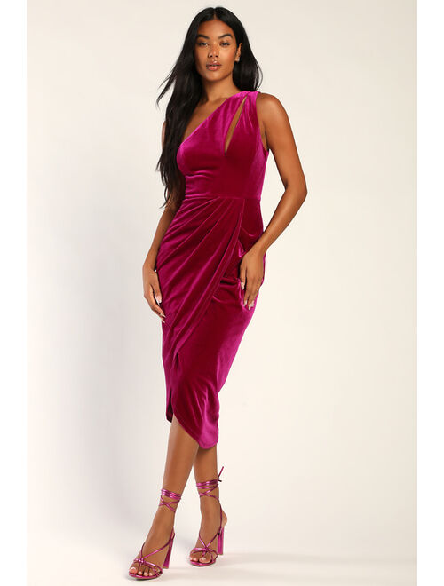 Lulus Impressive Essence Magenta Velvet One-Shoulder Cutout Midi Dress